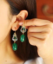 Vintage Design Green Jade Silver Drop Earrings