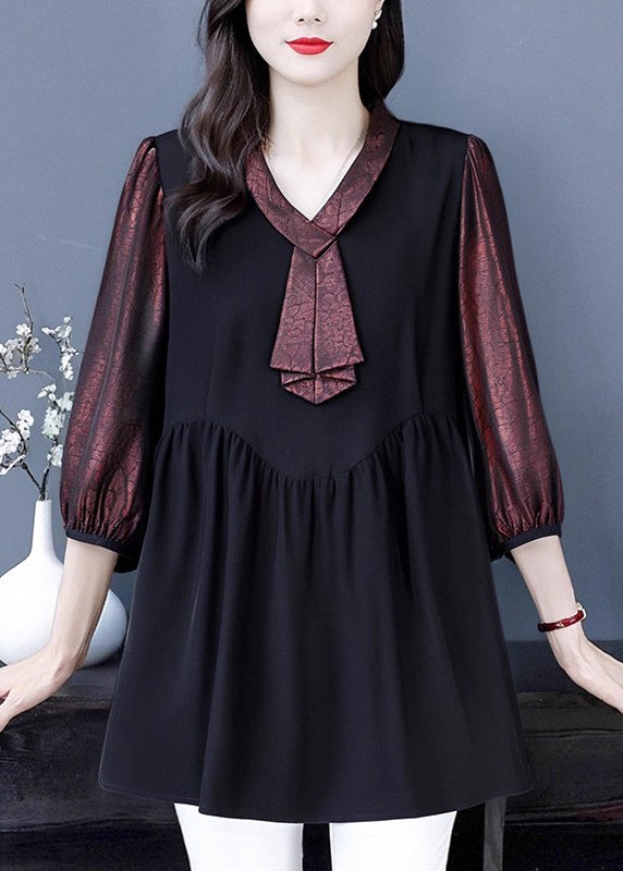 Vintage Dull Red Heart Neck Patchwork Fake Two Piece Shirt Bracelet Sleeve