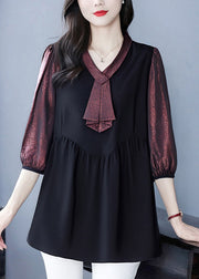 Vintage Dull Red Heart Neck Patchwork Fake Two Piece Shirt Bracelet Sleeve