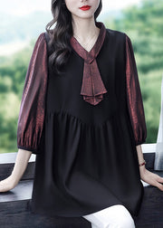 Vintage Dull Red Heart Neck Patchwork Fake Two Piece Shirt Bracelet Sleeve