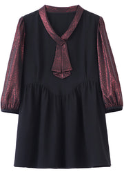 Vintage Dull Red Heart Neck Patchwork Fake Two Piece Shirt Bracelet Sleeve