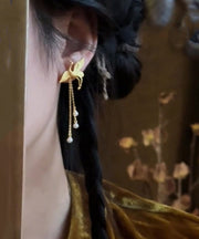Vintage Gold Copper Alloy Crane Tassel Drop Earrings