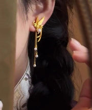 Vintage Gold Copper Alloy Crane Tassel Drop Earrings