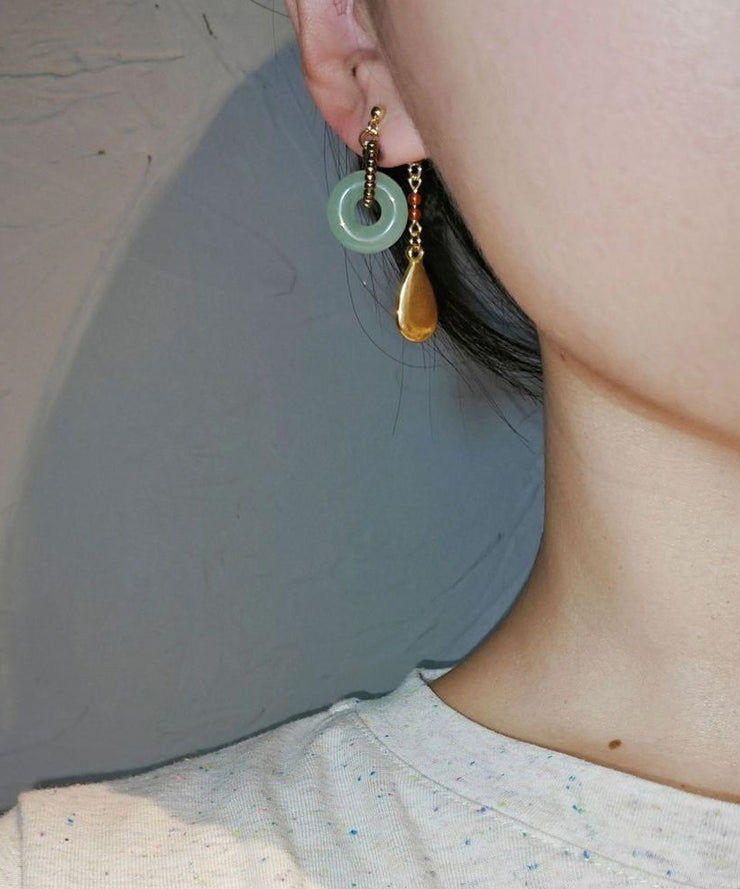 Vintage Gold Stainless Steel Overgild Jade Water Drop Drop Earrings