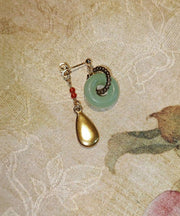 Vintage Gold Stainless Steel Overgild Jade Water Drop Drop Earrings
