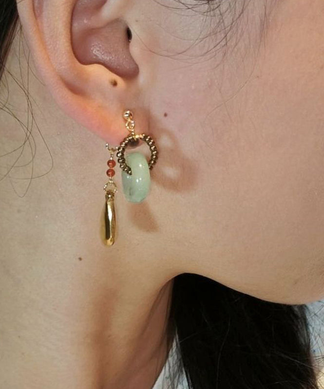 Vintage Gold Stainless Steel Overgild Jade Water Drop Drop Earrings