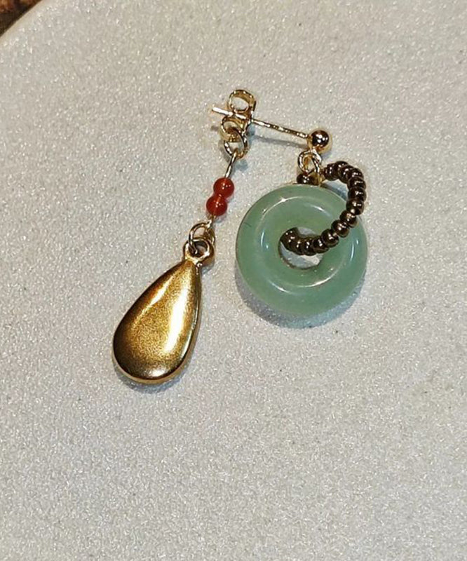 Vintage Gold Stainless Steel Overgild Jade Water Drop Drop Earrings