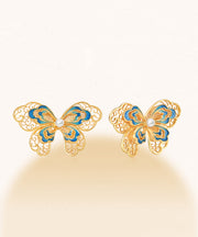 Vintage Gold Sterling Silver Overgild Butterfly Pearl Hollow Out Stud Earrings
