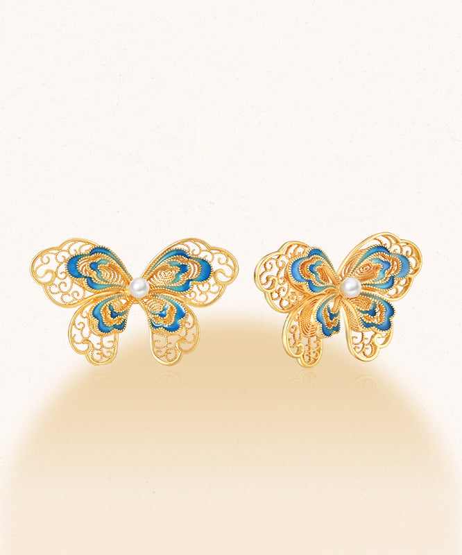 Vintage Gold Sterling Silver Overgild Butterfly Pearl Hollow Out Stud Earrings