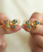 Vintage Gold Sterling Silver Overgild Butterfly Pearl Hollow Out Stud Earrings