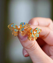 Vintage Gold Sterling Silver Overgild Butterfly Pearl Hollow Out Stud Earrings