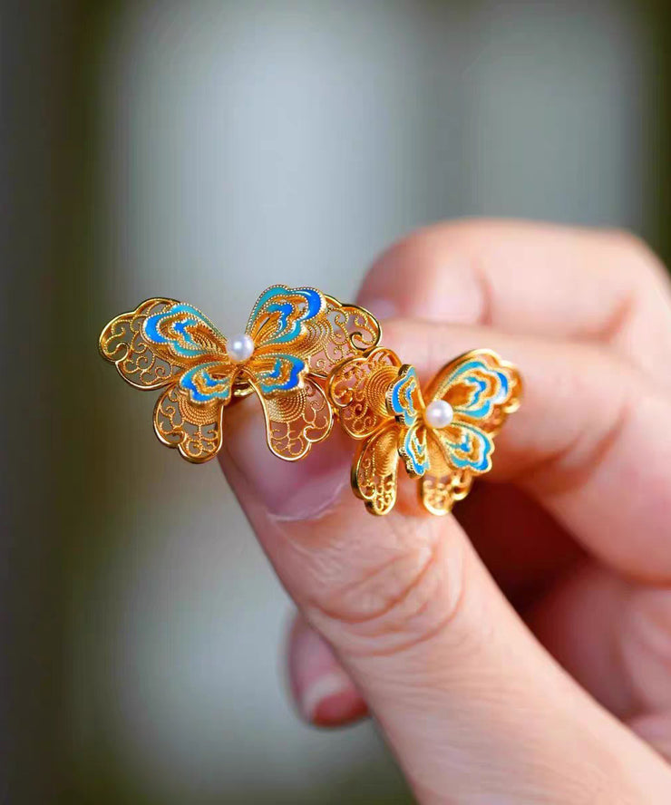 Vintage Gold Sterling Silver Overgild Butterfly Pearl Hollow Out Stud Earrings