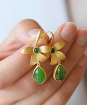 Vintage Gold Sterling Silver Overgild Inlaid Jade Drop Earrings