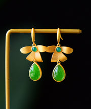 Vintage Gold Sterling Silver Overgild Inlaid Jade Drop Earrings