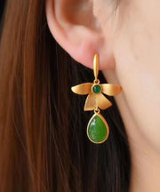 Vintage Gold Sterling Silver Overgild Inlaid Jade Drop Earrings