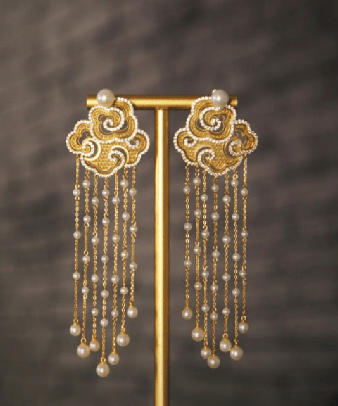 Vintage Gold Sterling Silver Overgild Zircon Auspicious Clouds Pearl Tassel Drop Earrings