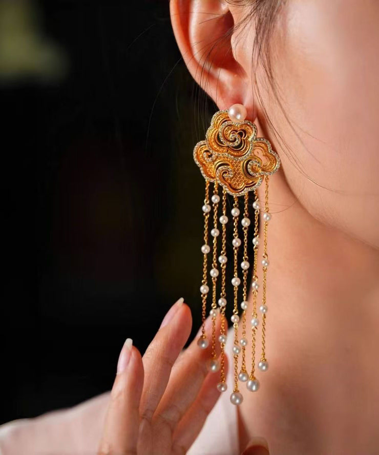 Vintage Gold Sterling Silver Overgild Zircon Auspicious Clouds Pearl Tassel Drop Earrings