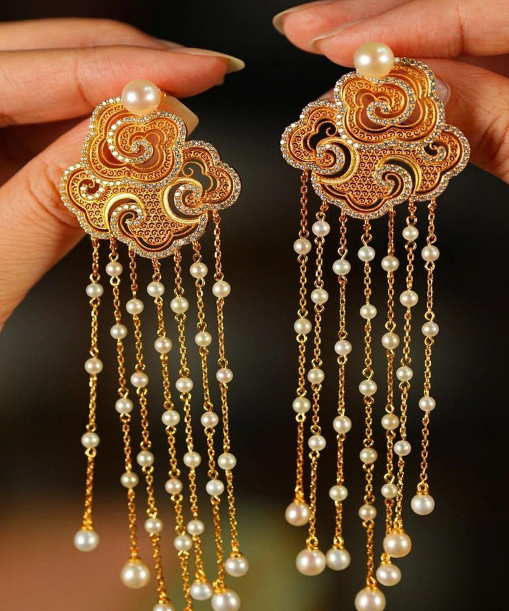 Vintage Gold Sterling Silver Overgild Zircon Auspicious Clouds Pearl Tassel Drop Earrings