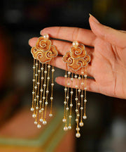 Vintage Gold Sterling Silver Overgild Zircon Auspicious Clouds Pearl Tassel Drop Earrings