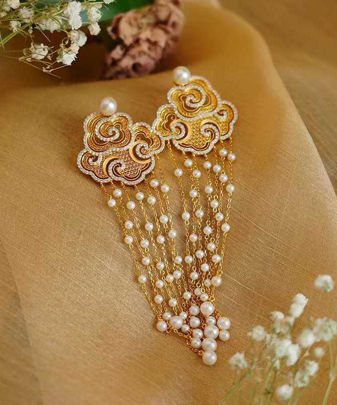 Vintage Gold Sterling Silver Overgild Zircon Auspicious Clouds Pearl Tassel Drop Earrings