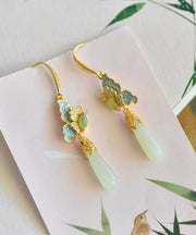 Vintage Gold Sterling Silver Overgild Zircon Jade Butterfly Drop Earrings