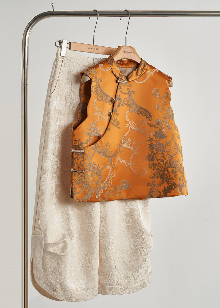 Vintage Golden Jacquard Chinese Button Silk Vests Fall