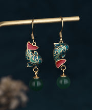 Vintage Green Ancient Gold Chalcedony A Fish Leaping Over The Dragon Gate Drop Earrings