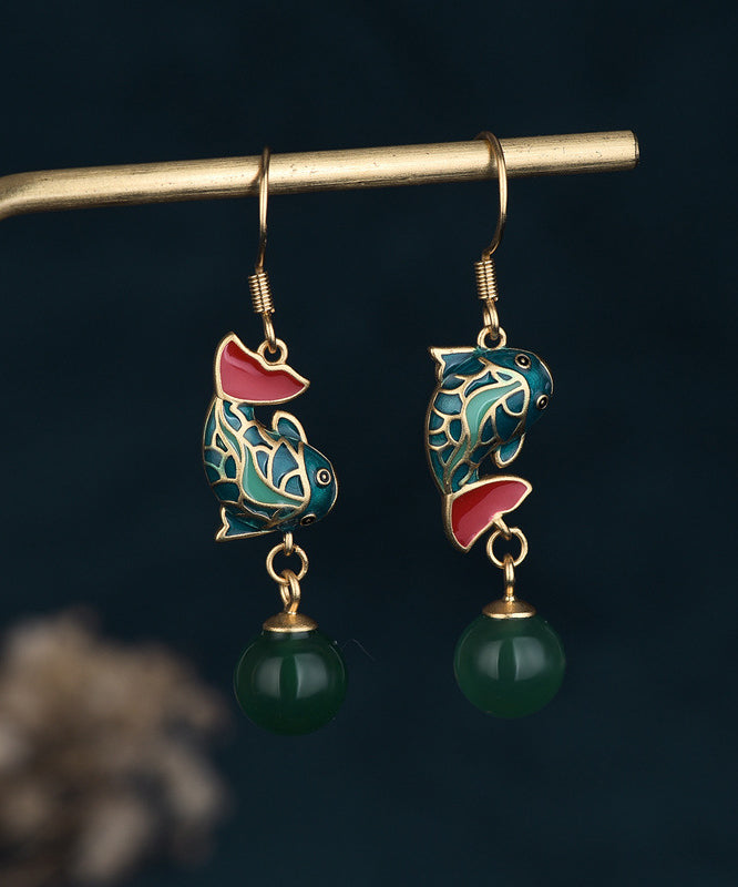 Vintage Green Ancient Gold Chalcedony A Fish Leaping Over The Dragon Gate Drop Earrings