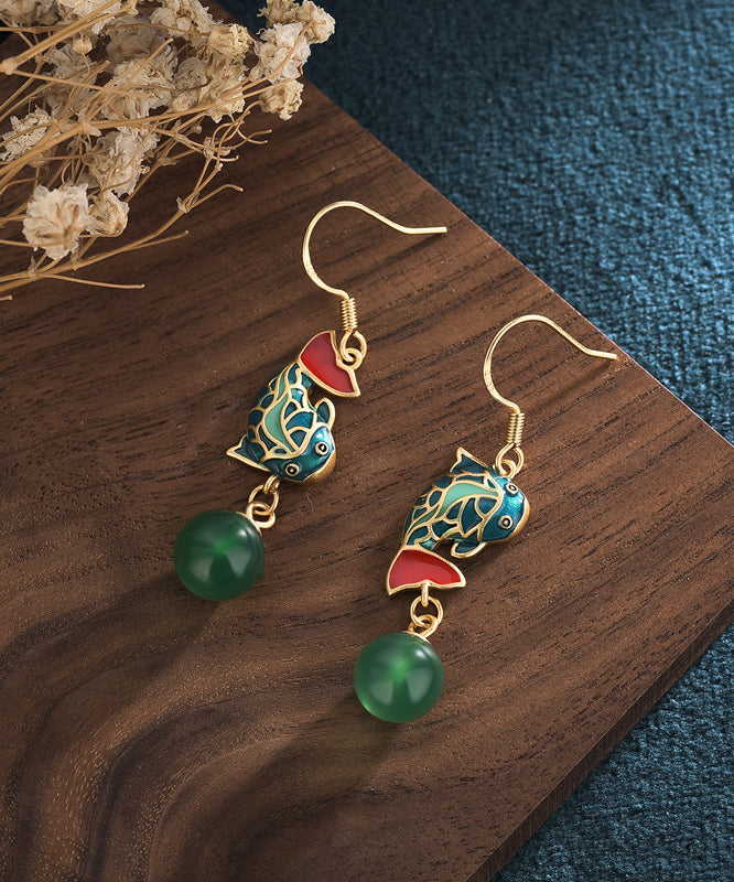 Vintage Green Ancient Gold Chalcedony A Fish Leaping Over The Dragon Gate Drop Earrings