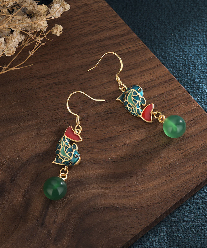 Vintage Green Ancient Gold Chalcedony A Fish Leaping Over The Dragon Gate Drop Earrings