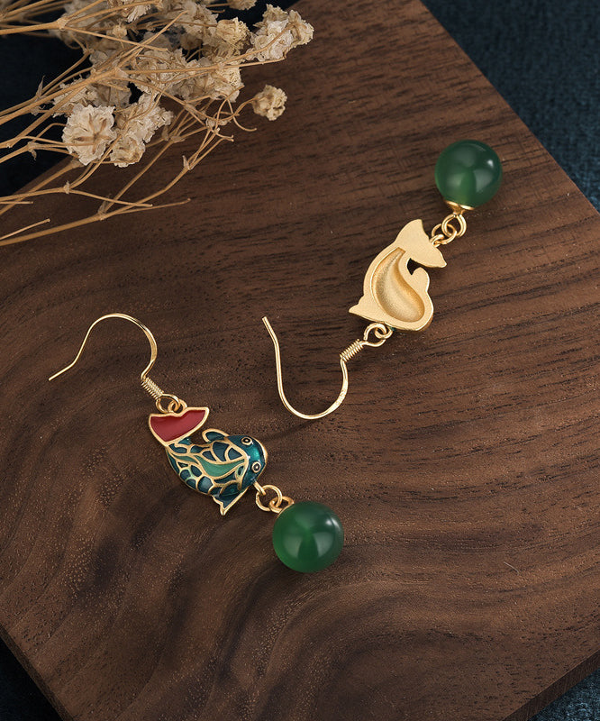 Vintage Green Ancient Gold Chalcedony A Fish Leaping Over The Dragon Gate Drop Earrings
