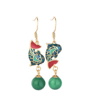 Vintage Green Ancient Gold Chalcedony A Fish Leaping Over The Dragon Gate Drop Earrings