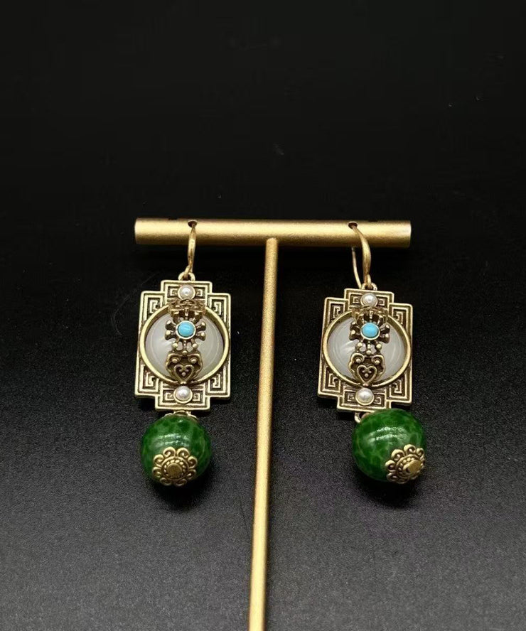 Vintage Green Ancient Gold Turquoise Safety Lock Pearl Drop Earrings