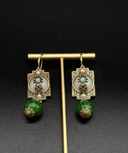Vintage Green Ancient Gold Turquoise Safety Lock Pearl Drop Earrings
