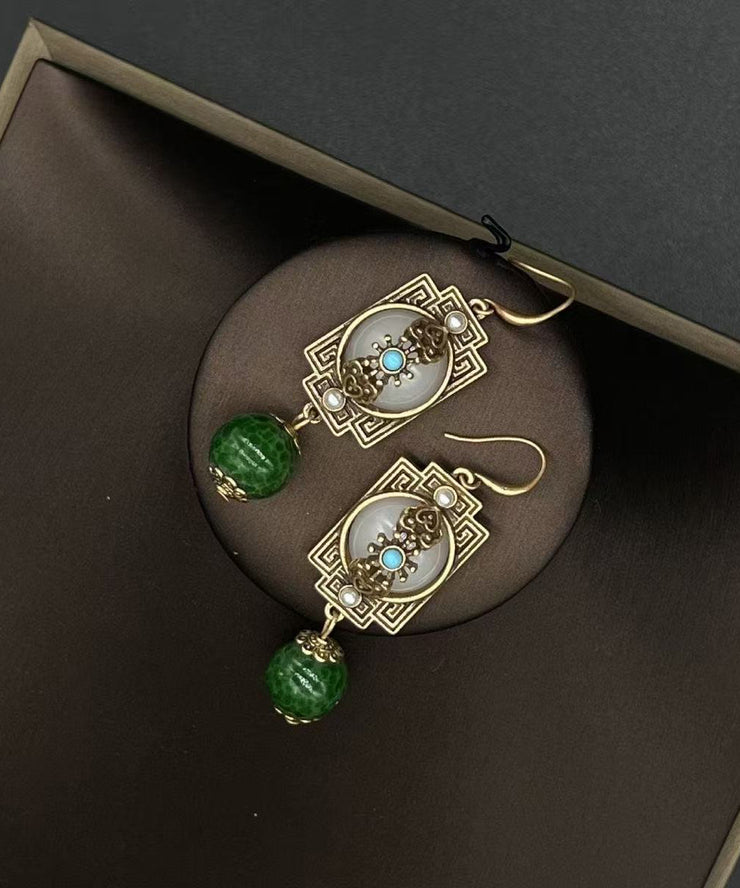 Vintage Green Ancient Gold Turquoise Safety Lock Pearl Drop Earrings