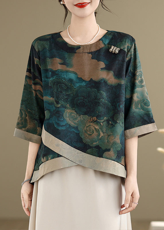 Vintage Green Asymmetrical Print Silk Blouses Half Sleeve