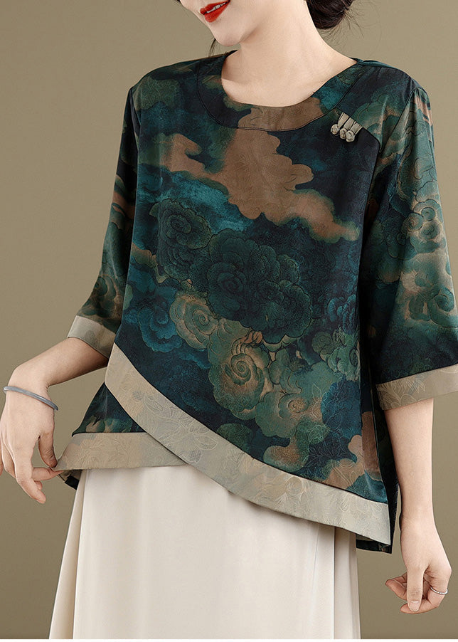 Vintage Green Asymmetrical Print Silk Blouses Half Sleeve