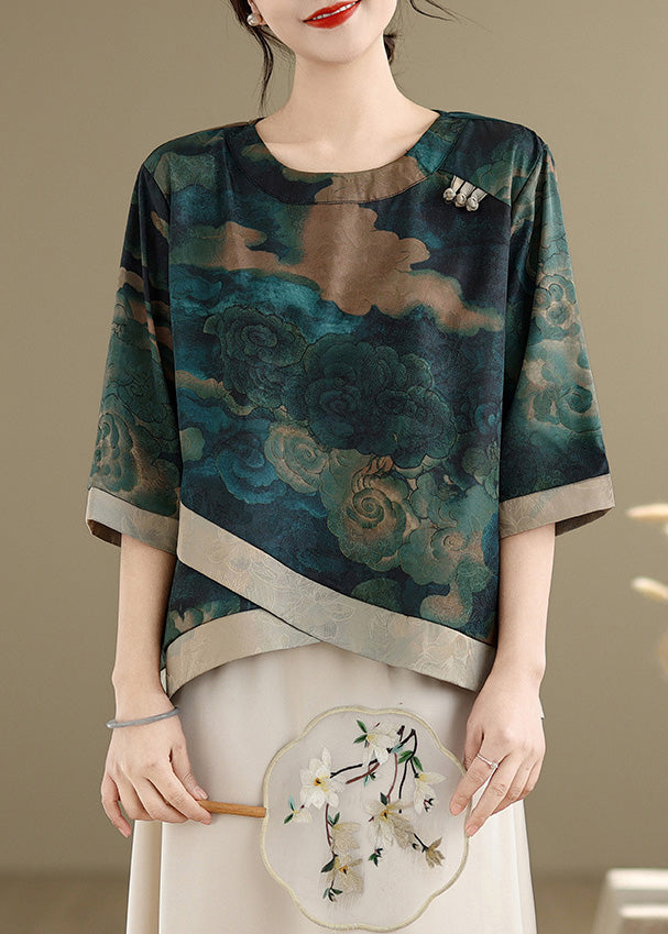 Vintage Green Asymmetrical Print Silk Blouses Half Sleeve
