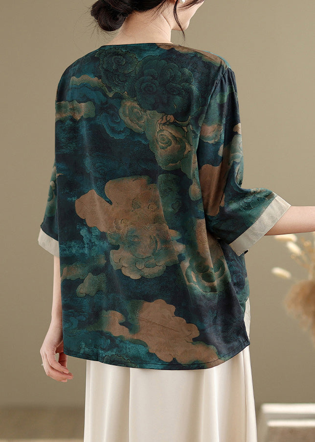 Vintage Green Asymmetrical Print Silk Blouses Half Sleeve