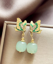 Vintage Green Copper Alloy Zircon Jade Butterfly Drop Earrings