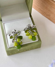 Vintage Green Copper Overgild Gem Stone Grape Drop Earrings