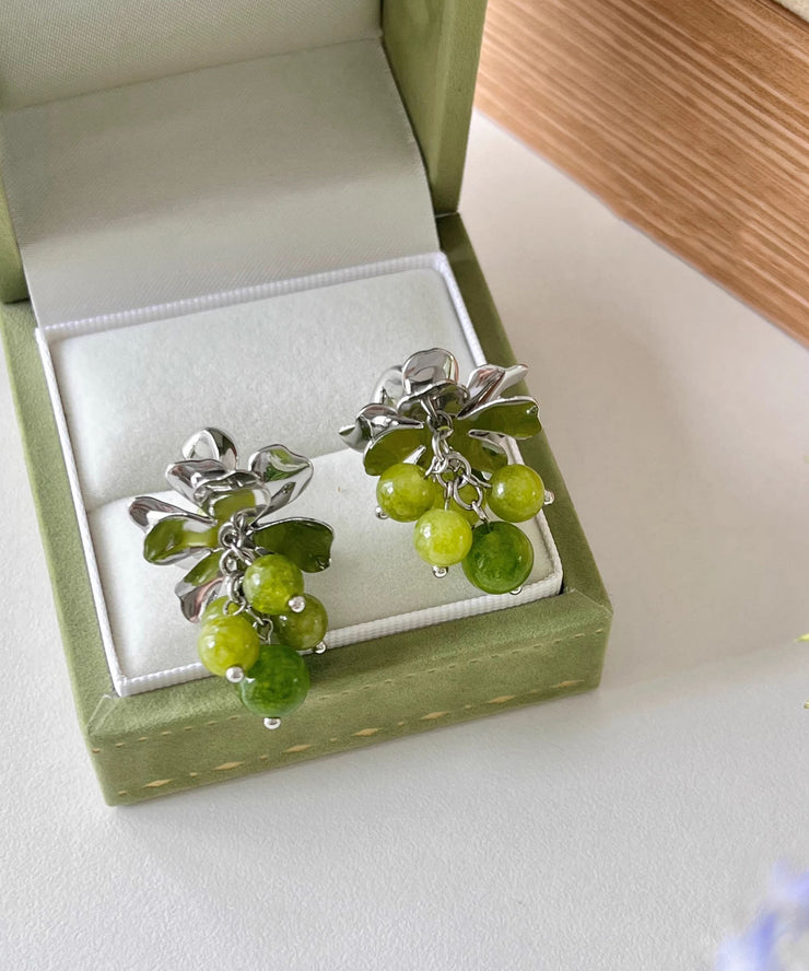 Vintage Green Copper Overgild Gem Stone Grape Drop Earrings