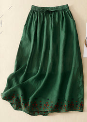 Vintage Green Embroidered Linen A Line Skirt Summer