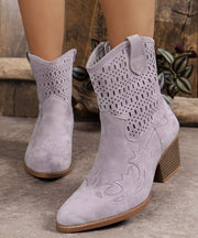 Vintage Green Hollow Out Zippered Suede Chunky Boots