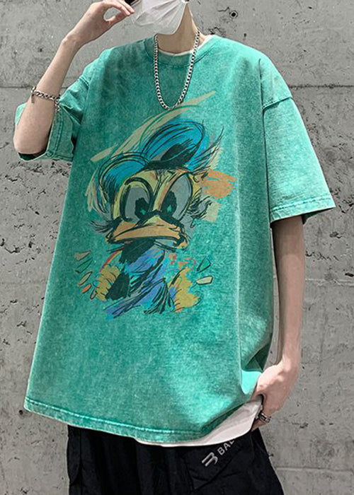 Vintage Green O Neck Print Cotton Mens T Shirt Summer