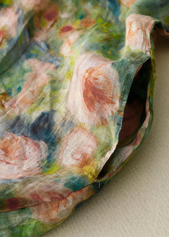 Women Green O Neck Ruffled Patchwork Silk Shirt Bracelet Sleeve main image 0