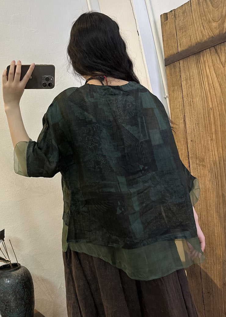 Vintage Green O Neck Print Patchwork Linen Top Summer