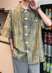 Vintage Green Peter Pan Collar Button Cotton Men Shirts Summer