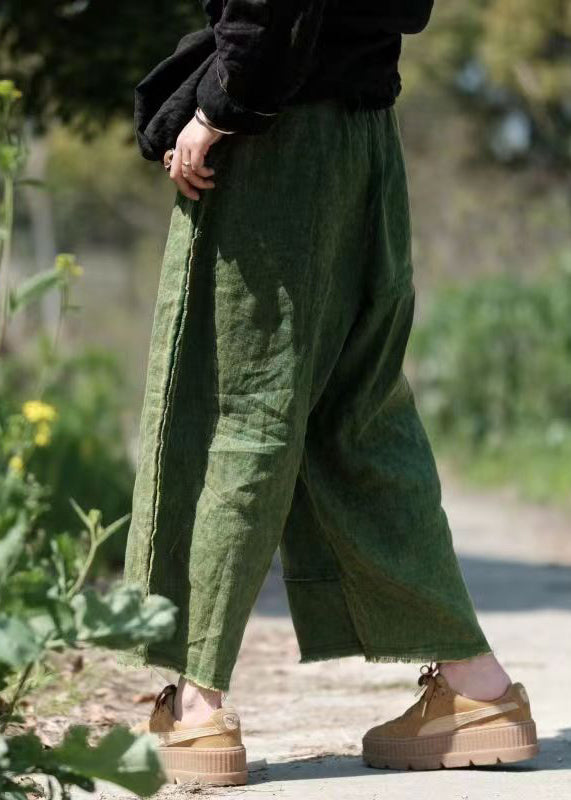 Vintage Green Pockets Elastic Waist Linen Crop Pants Summer