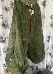 Vintage Green Print Elastic Waist Tulle Crop Pants